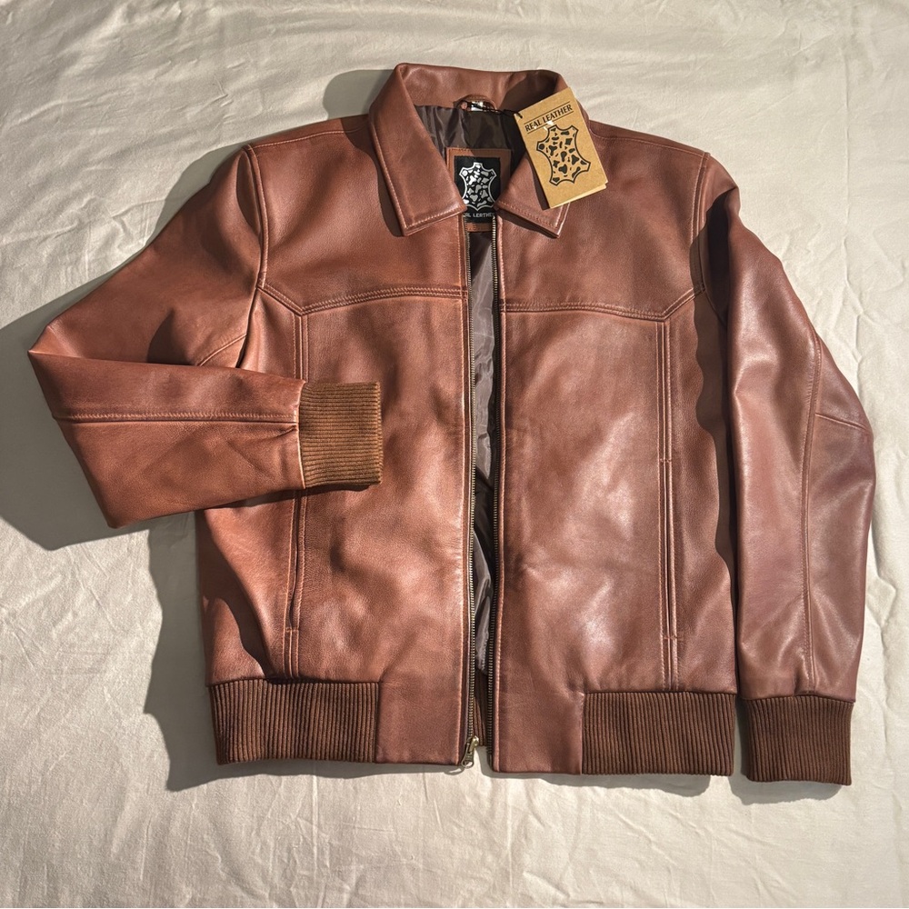 Decrum Men's Classic Brown Leather Bomber Jacket size M NEW with tag
